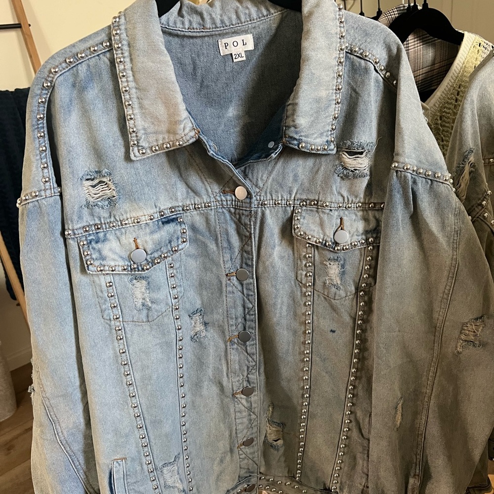 Plus size denim jacket with studs